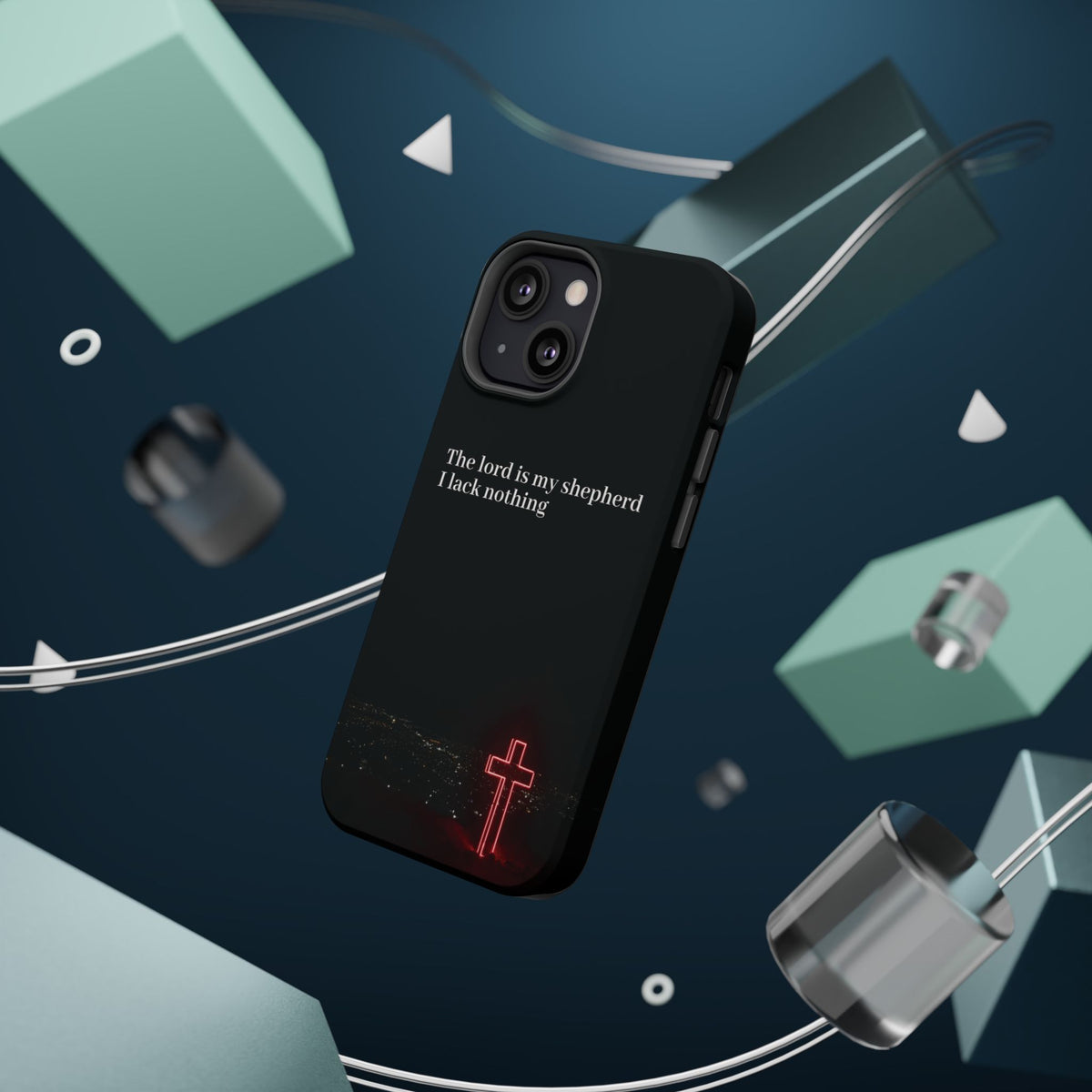 Christian Phone Case — “The Lord Is My Shepherd I Lack Nothing” Neon Cross Magnetic Impact Case