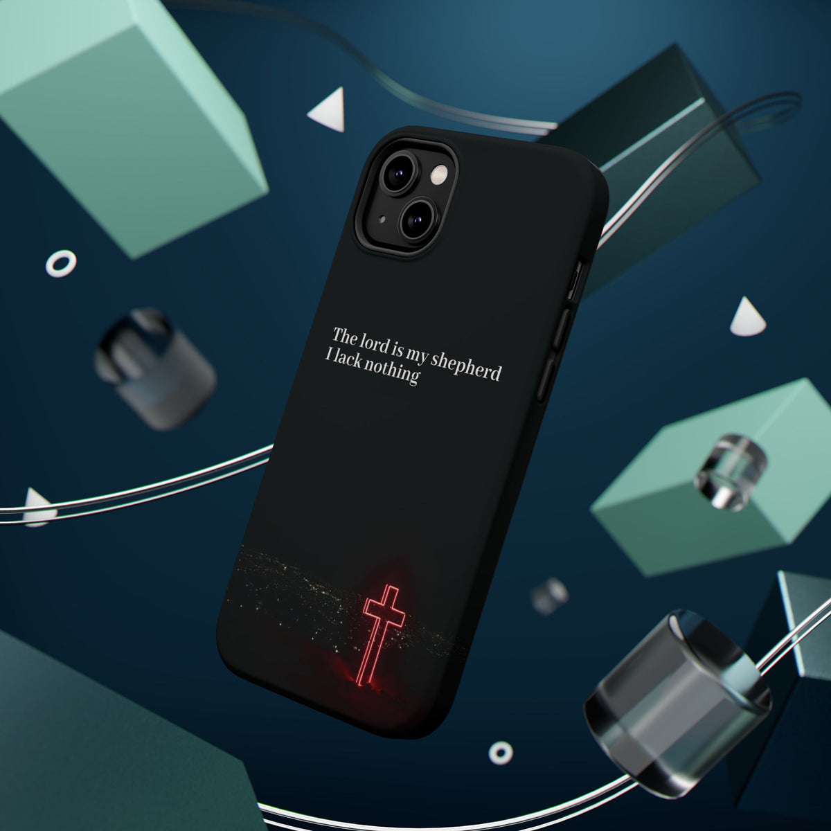 Christian Phone Case — “The Lord Is My Shepherd I Lack Nothing” Neon Cross Magnetic Impact Case