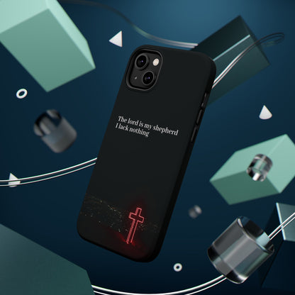 Christian Phone Case — “The Lord Is My Shepherd I Lack Nothing” Neon Cross Magnetic Impact Case