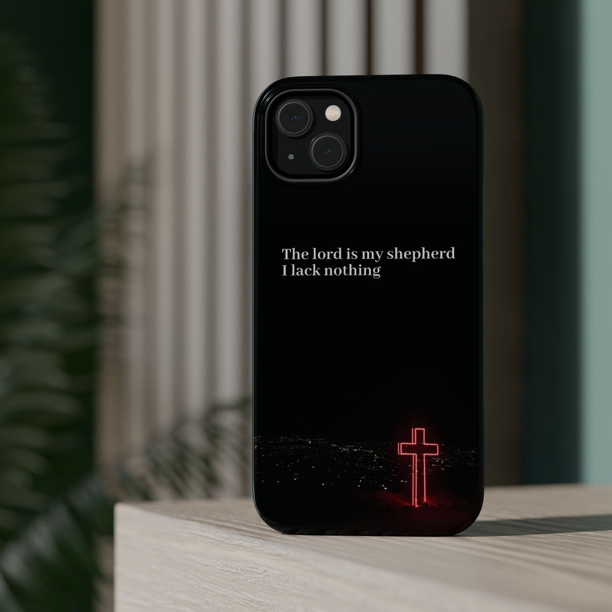Christian Phone Case — “The Lord Is My Shepherd I Lack Nothing” Neon Cross Magnetic Impact Case