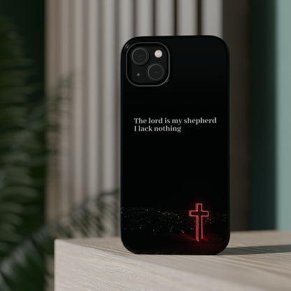 Christian Phone Case — “The Lord Is My Shepherd I Lack Nothing” Neon Cross Magnetic Impact Case