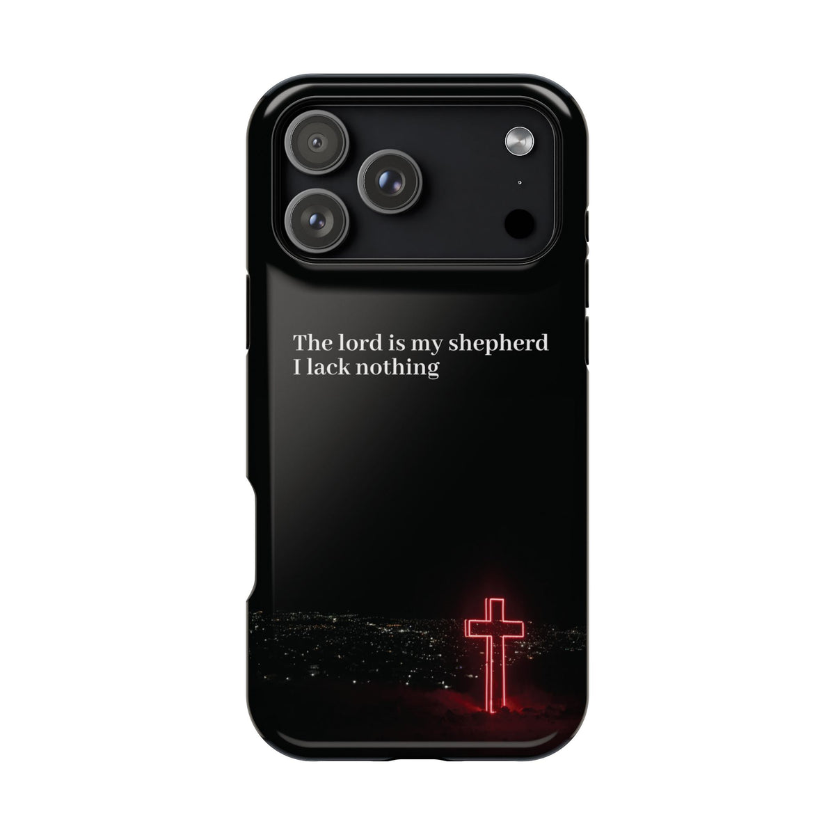 Christian Phone Case — “The Lord Is My Shepherd I Lack Nothing” Neon Cross Magnetic Impact Case