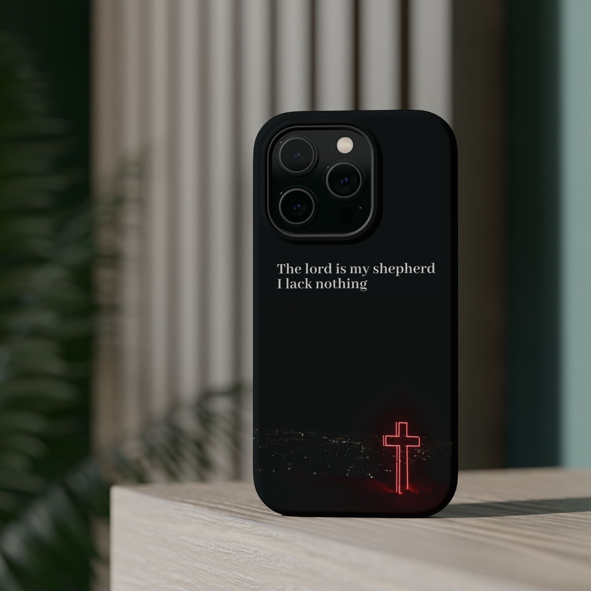 Christian Phone Case — “The Lord Is My Shepherd I Lack Nothing” Neon Cross Magnetic Impact Case