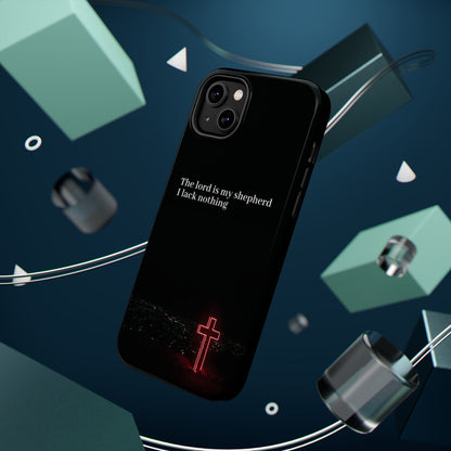 Christian Phone Case — “The Lord Is My Shepherd I Lack Nothing” Neon Cross Magnetic Impact Case
