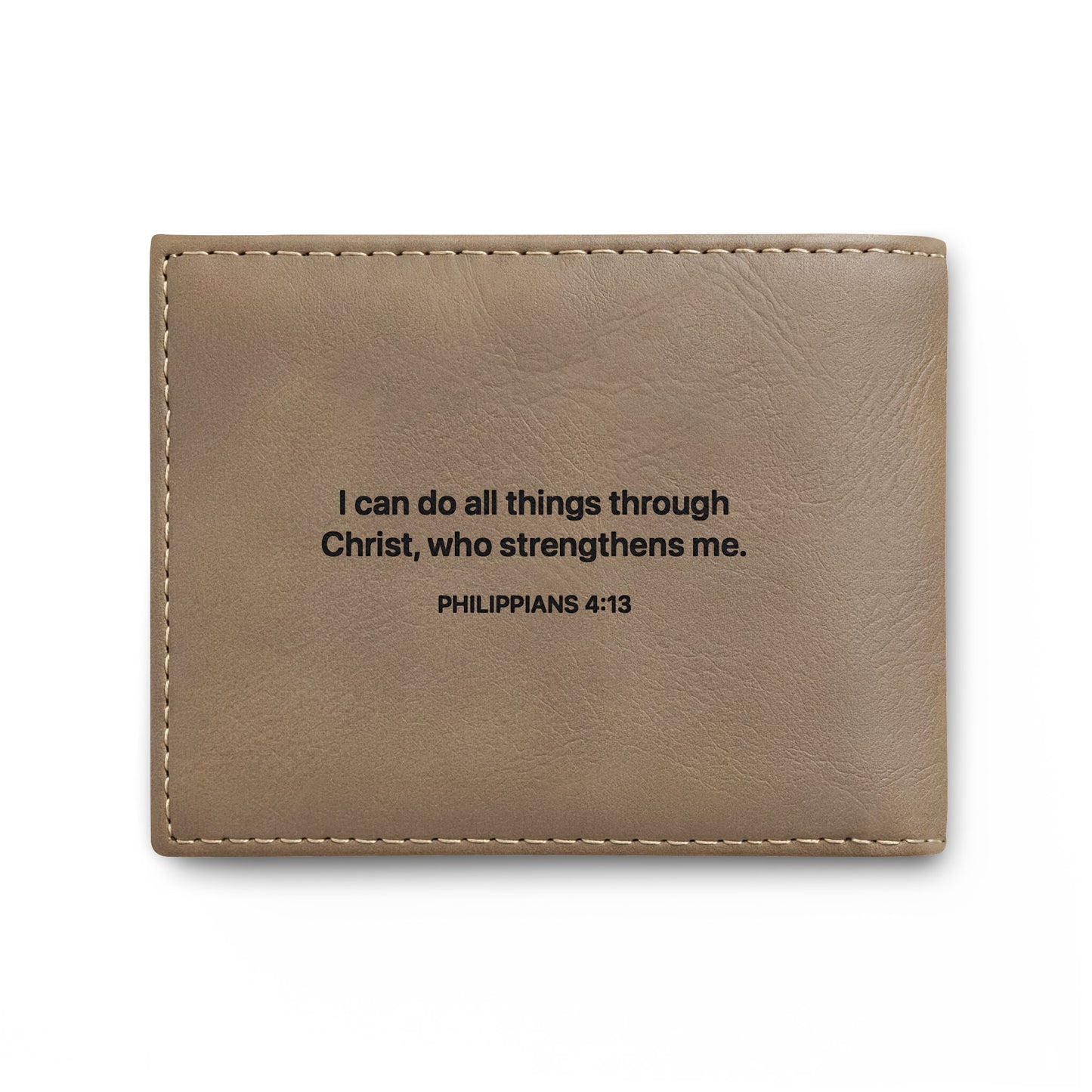 Leather Bi-Fold Wallet with Cross & Philippians 4:13 Engraving