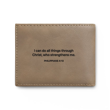 Leather Bi-Fold Wallet with Cross & Philippians 4:13 Engraving