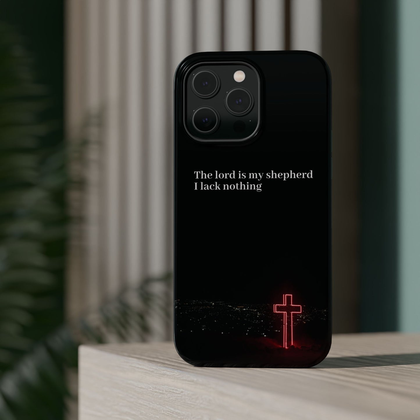 Christian Phone Case — “The Lord Is My Shepherd I Lack Nothing” Neon Cross Magnetic Impact Case