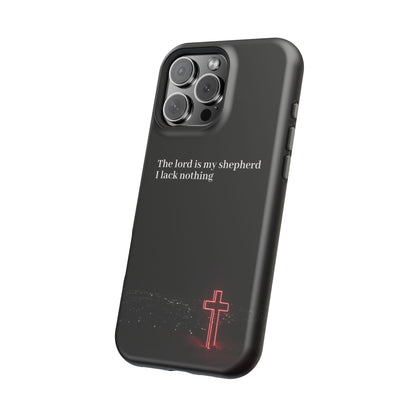 Christian Phone Case — “The Lord Is My Shepherd I Lack Nothing” Neon Cross Magnetic Impact Case