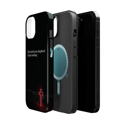 Christian Phone Case — “The Lord Is My Shepherd I Lack Nothing” Neon Cross Magnetic Impact Case