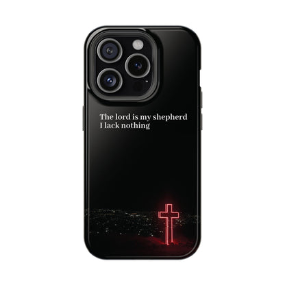 Christian Phone Case — “The Lord Is My Shepherd I Lack Nothing” Neon Cross Magnetic Impact Case