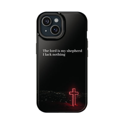 Christian Phone Case — “The Lord Is My Shepherd I Lack Nothing” Neon Cross Magnetic Impact Case
