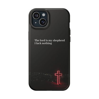 Christian Phone Case — “The Lord Is My Shepherd I Lack Nothing” Neon Cross Magnetic Impact Case