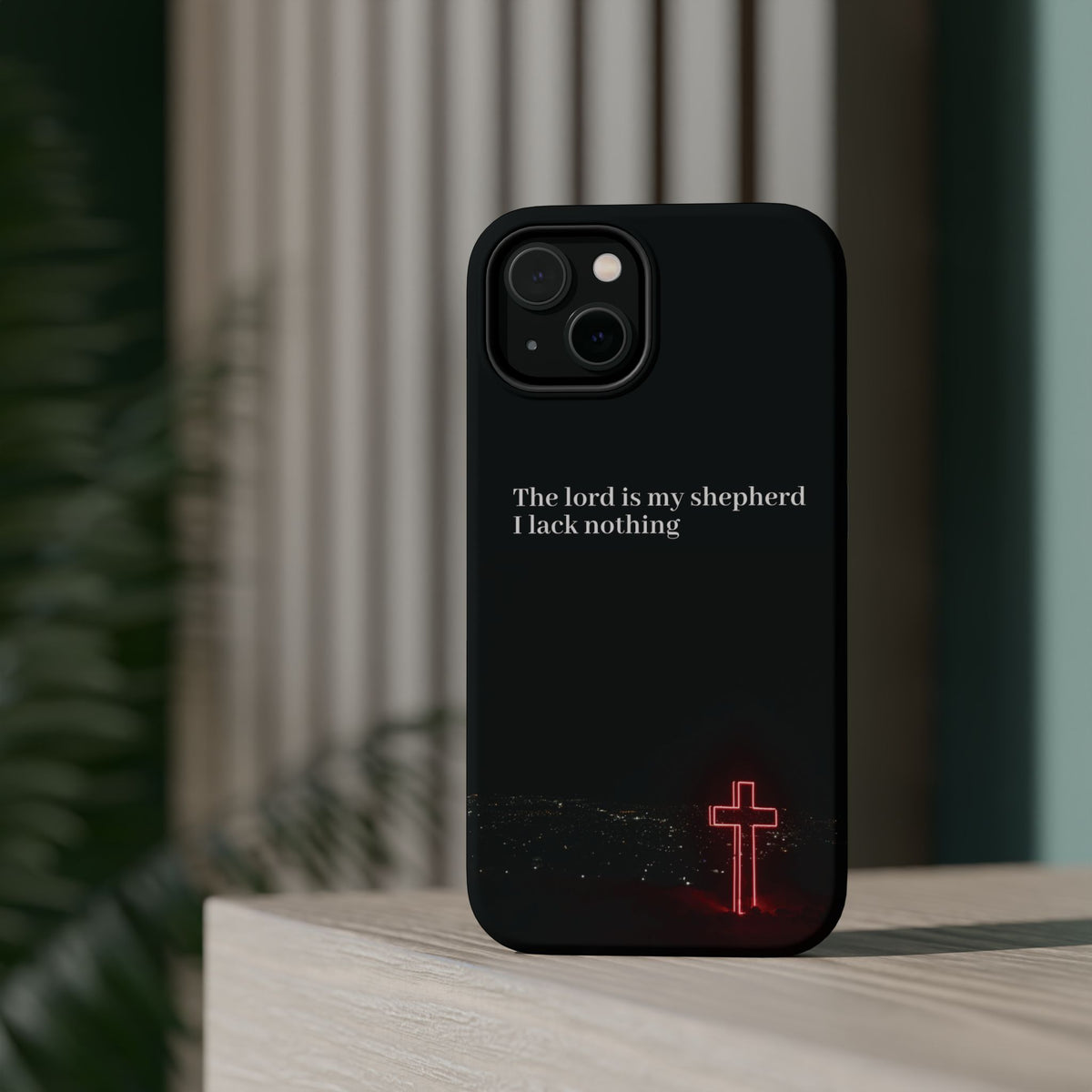 Christian Phone Case — “The Lord Is My Shepherd I Lack Nothing” Neon Cross Magnetic Impact Case