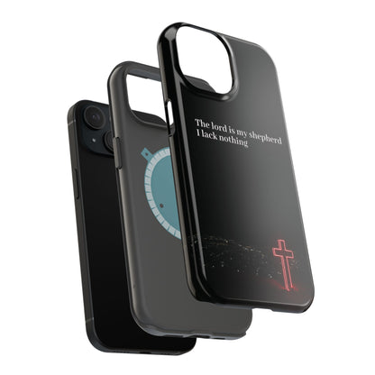 Christian Phone Case — “The Lord Is My Shepherd I Lack Nothing” Neon Cross Magnetic Impact Case