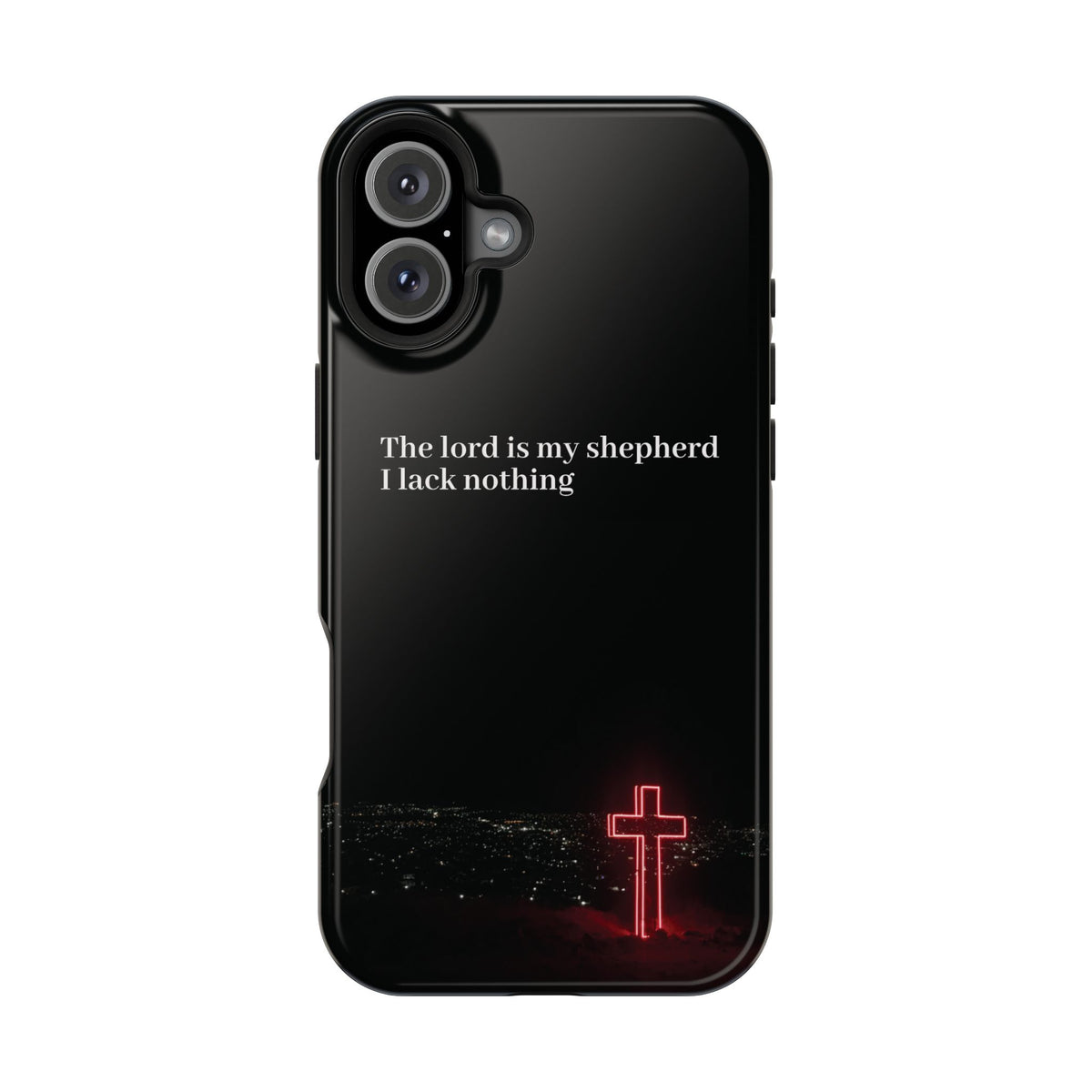 Christian Phone Case — “The Lord Is My Shepherd I Lack Nothing” Neon Cross Magnetic Impact Case
