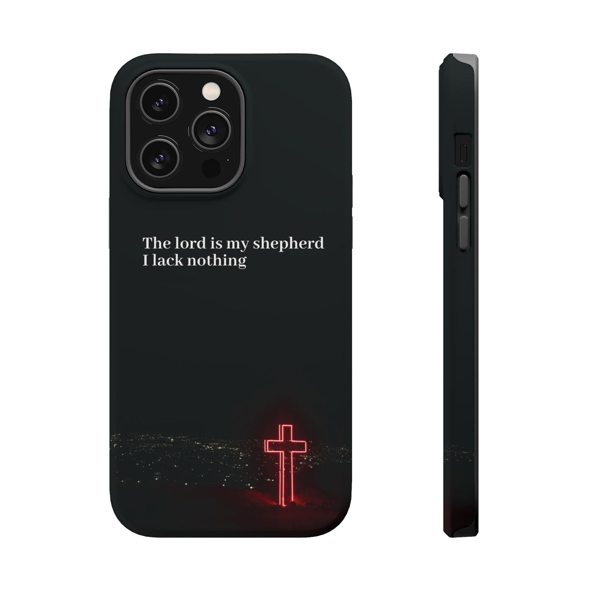 Christian Phone Case — “The Lord Is My Shepherd I Lack Nothing” Neon Cross Magnetic Impact Case