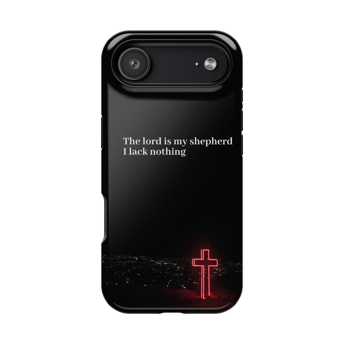 Christian Phone Case — “The Lord Is My Shepherd I Lack Nothing” Neon Cross Magnetic Impact Case