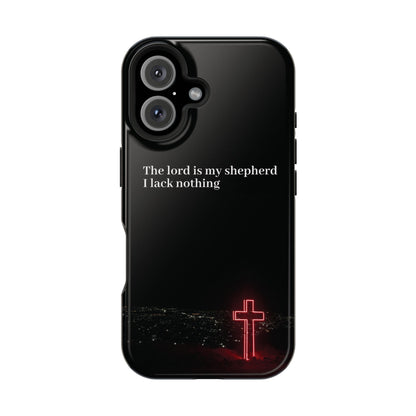 Christian Phone Case — “The Lord Is My Shepherd I Lack Nothing” Neon Cross Magnetic Impact Case