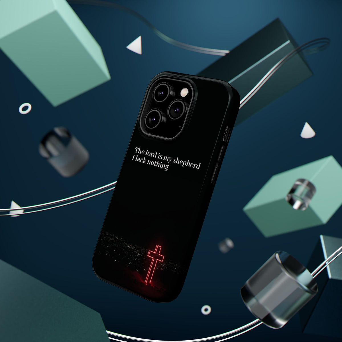 Christian Phone Case — “The Lord Is My Shepherd I Lack Nothing” Neon Cross Magnetic Impact Case