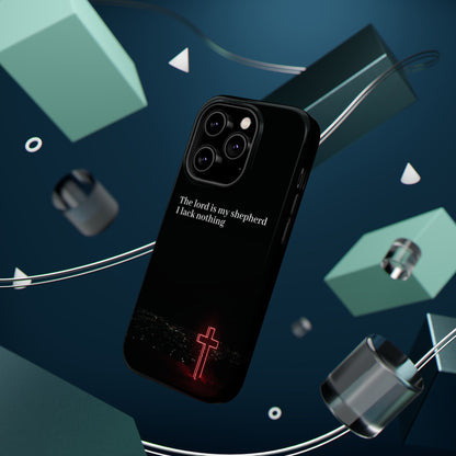 Christian Phone Case — “The Lord Is My Shepherd I Lack Nothing” Neon Cross Magnetic Impact Case