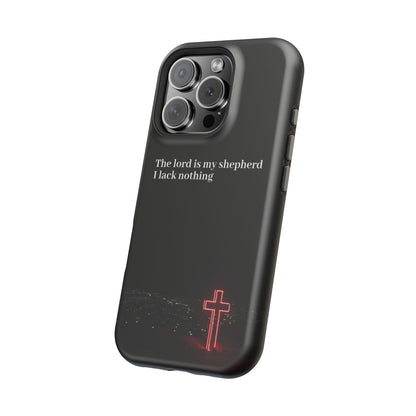 Christian Phone Case — “The Lord Is My Shepherd I Lack Nothing” Neon Cross Magnetic Impact Case