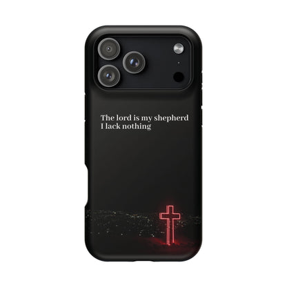 Christian Phone Case — “The Lord Is My Shepherd I Lack Nothing” Neon Cross Magnetic Impact Case