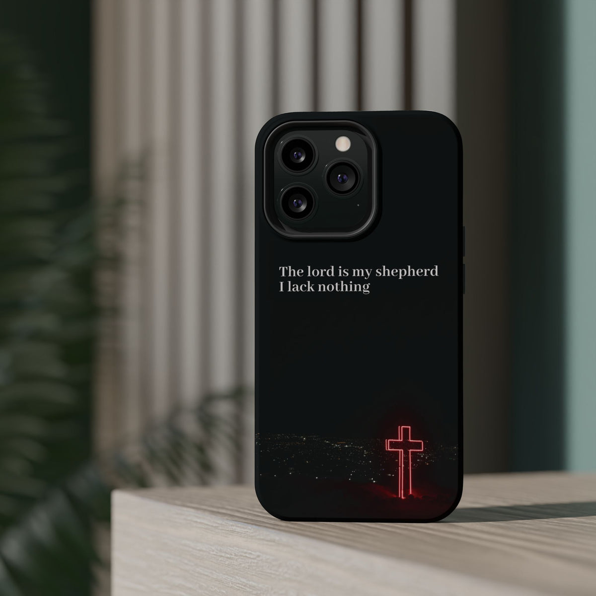 Christian Phone Case — “The Lord Is My Shepherd I Lack Nothing” Neon Cross Magnetic Impact Case