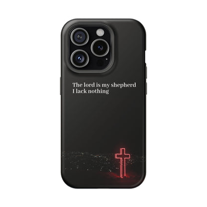 Christian Phone Case — “The Lord Is My Shepherd I Lack Nothing” Neon Cross Magnetic Impact Case