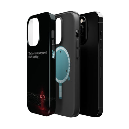 Christian Phone Case — “The Lord Is My Shepherd I Lack Nothing” Neon Cross Magnetic Impact Case