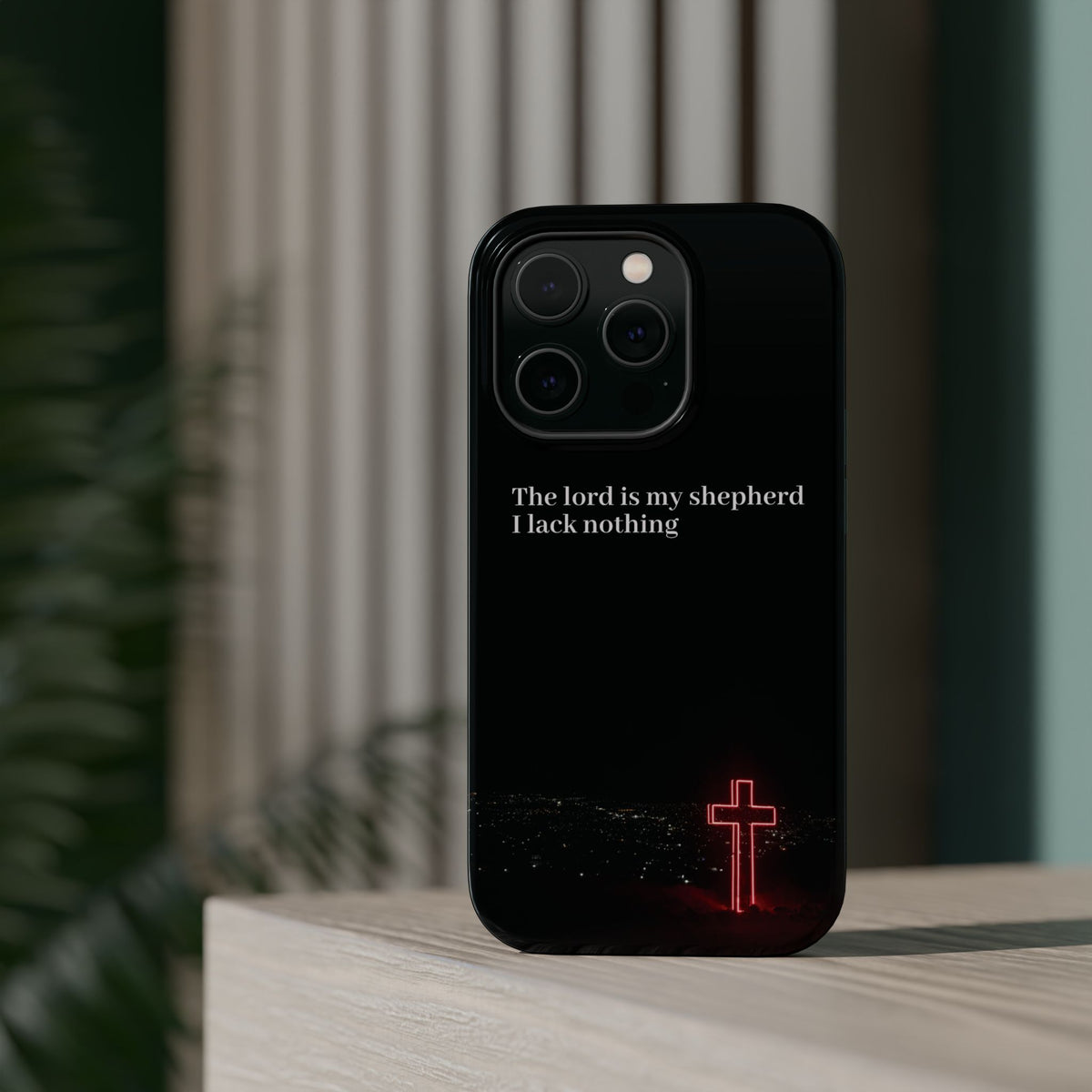 Christian Phone Case — “The Lord Is My Shepherd I Lack Nothing” Neon Cross Magnetic Impact Case