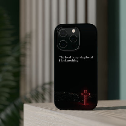 Christian Phone Case — “The Lord Is My Shepherd I Lack Nothing” Neon Cross Magnetic Impact Case