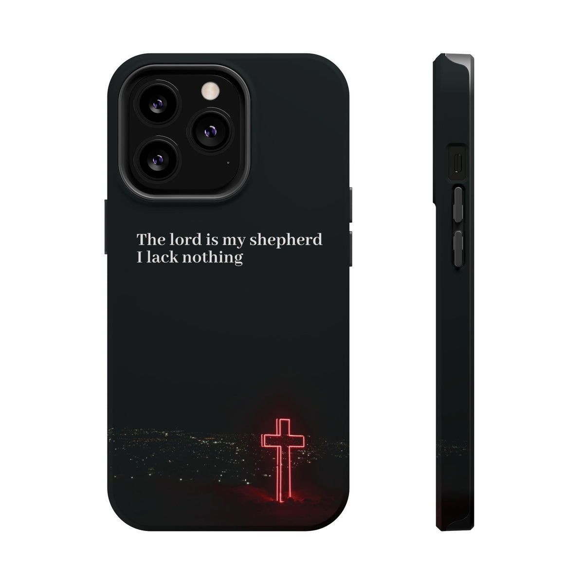 Christian Phone Case — “The Lord Is My Shepherd I Lack Nothing” Neon Cross Magnetic Impact Case