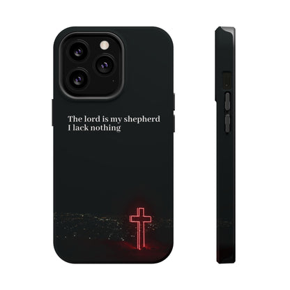 Christian Phone Case — “The Lord Is My Shepherd I Lack Nothing” Neon Cross Magnetic Impact Case