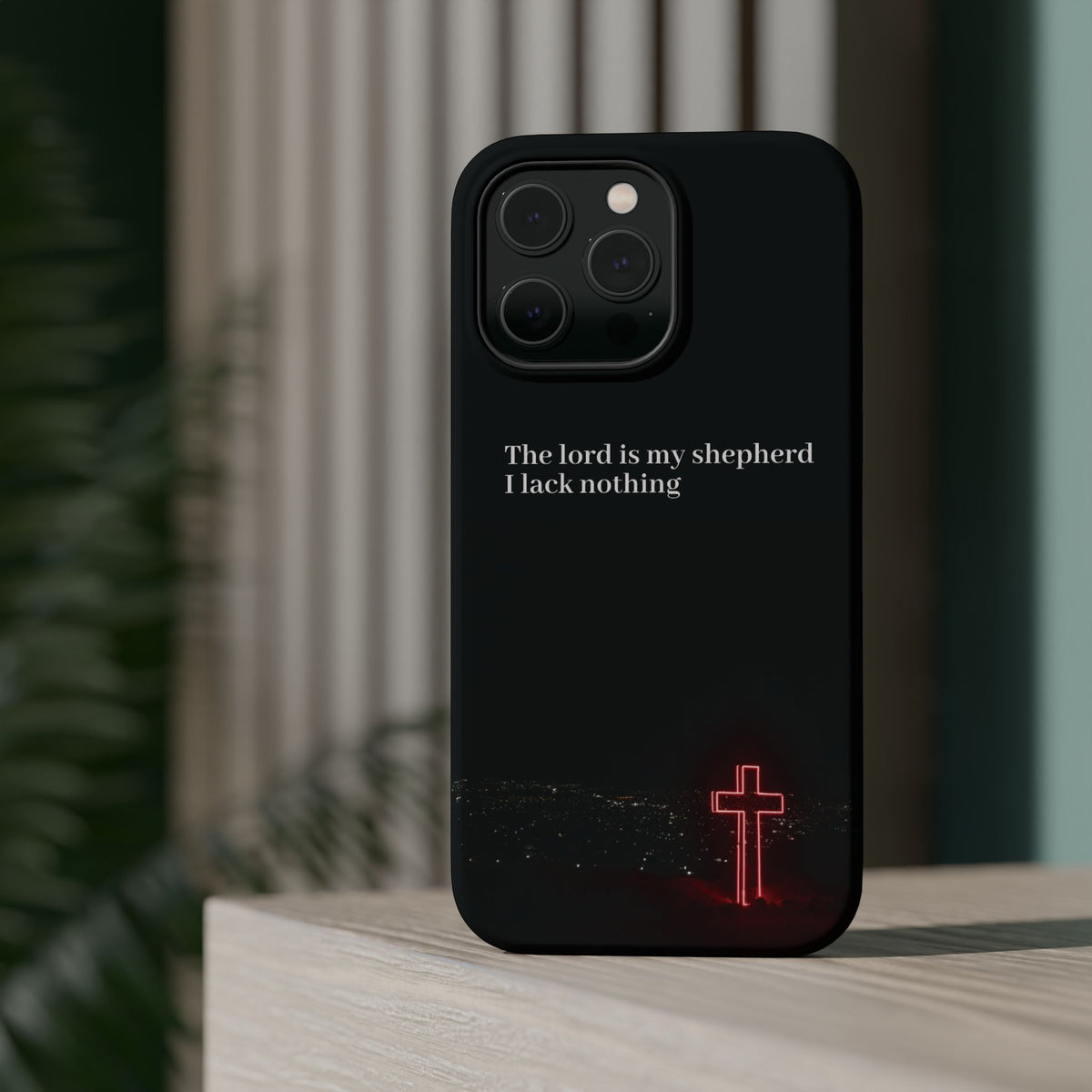 Christian Phone Case — “The Lord Is My Shepherd I Lack Nothing” Neon Cross Magnetic Impact Case