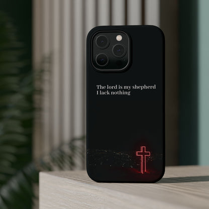 Christian Phone Case — “The Lord Is My Shepherd I Lack Nothing” Neon Cross Magnetic Impact Case