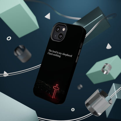 Christian Phone Case — “The Lord Is My Shepherd I Lack Nothing” Neon Cross Magnetic Impact Case