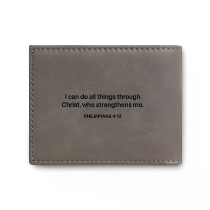 Leather Bi-Fold Wallet with Cross & Philippians 4:13 Engraving