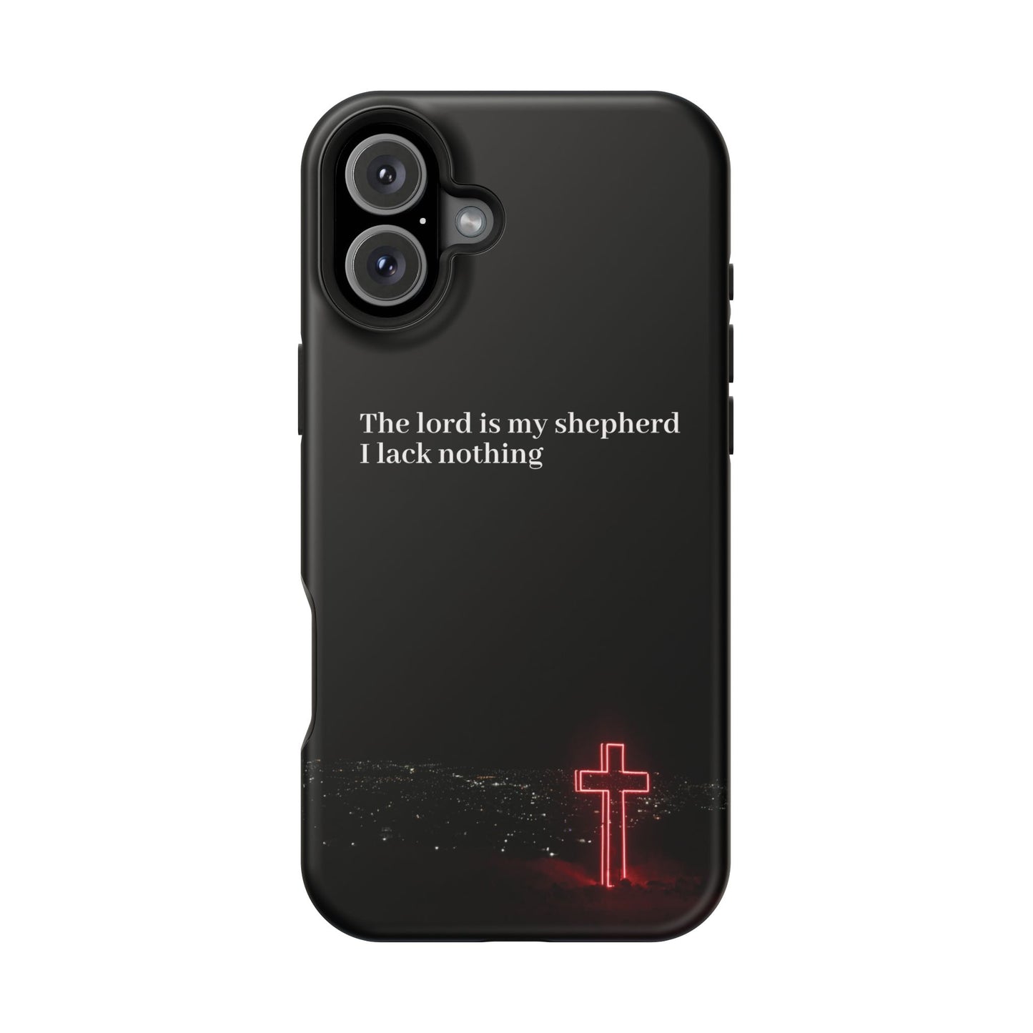 Christian Phone Case — “The Lord Is My Shepherd I Lack Nothing” Neon Cross Magnetic Impact Case