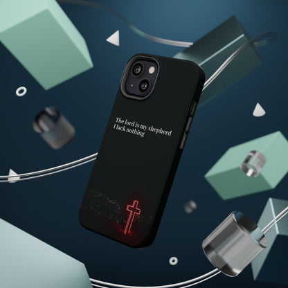Christian Phone Case — “The Lord Is My Shepherd I Lack Nothing” Neon Cross Magnetic Impact Case