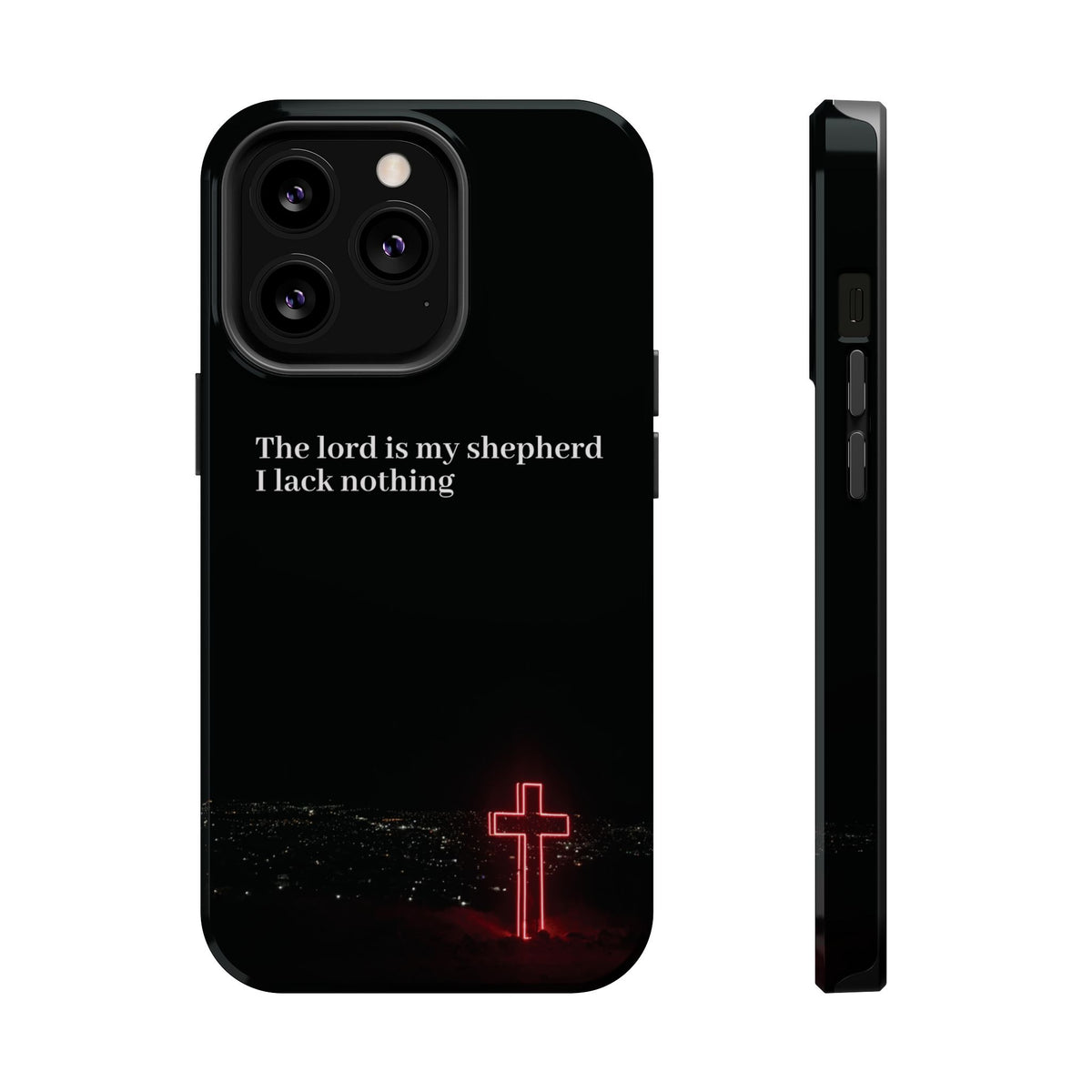 Christian Phone Case — “The Lord Is My Shepherd I Lack Nothing” Neon Cross Magnetic Impact Case