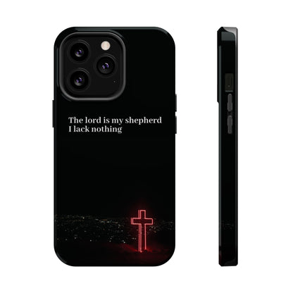 Christian Phone Case — “The Lord Is My Shepherd I Lack Nothing” Neon Cross Magnetic Impact Case