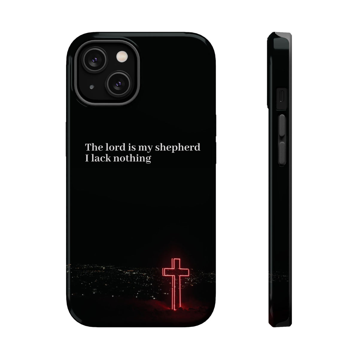 Christian Phone Case — “The Lord Is My Shepherd I Lack Nothing” Neon Cross Magnetic Impact Case