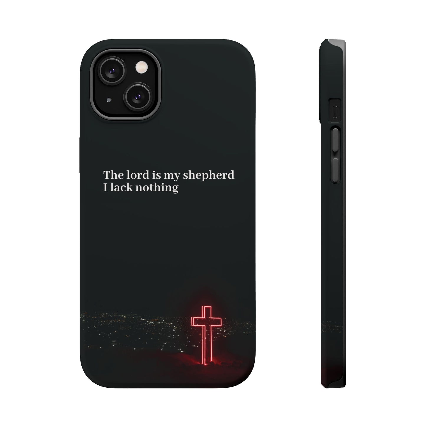 Christian Phone Case — “The Lord Is My Shepherd I Lack Nothing” Neon Cross Magnetic Impact Case