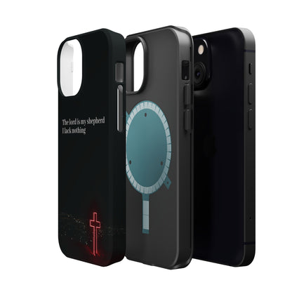 Christian Phone Case — “The Lord Is My Shepherd I Lack Nothing” Neon Cross Magnetic Impact Case