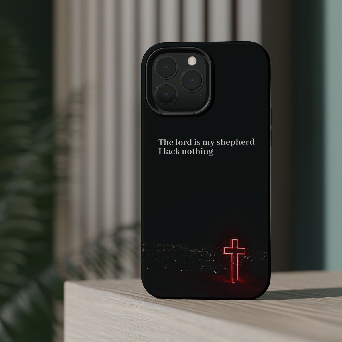 Christian Phone Case — “The Lord Is My Shepherd I Lack Nothing” Neon Cross Magnetic Impact Case