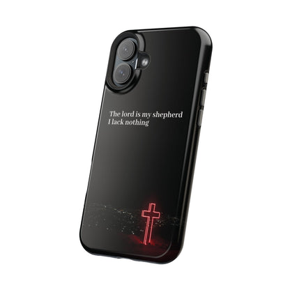 Christian Phone Case — “The Lord Is My Shepherd I Lack Nothing” Neon Cross Magnetic Impact Case