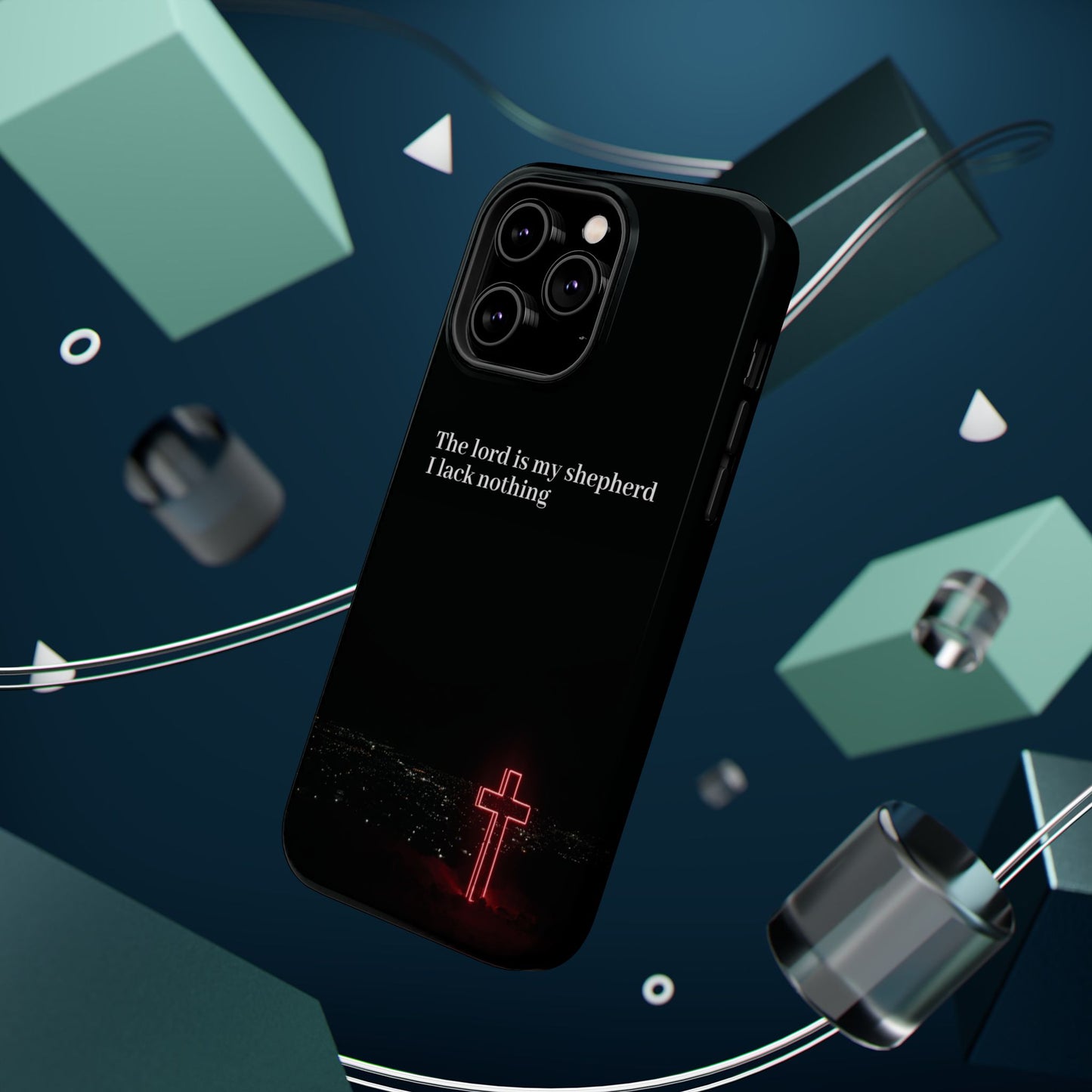 Christian Phone Case — “The Lord Is My Shepherd I Lack Nothing” Neon Cross Magnetic Impact Case