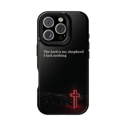 Christian Phone Case — “The Lord Is My Shepherd I Lack Nothing” Neon Cross Magnetic Impact Case