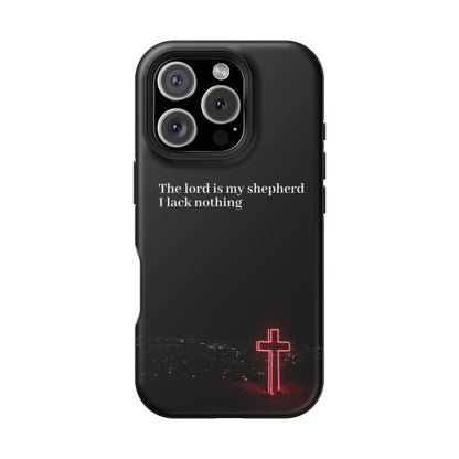 Christian Phone Case — “The Lord Is My Shepherd I Lack Nothing” Neon Cross Magnetic Impact Case