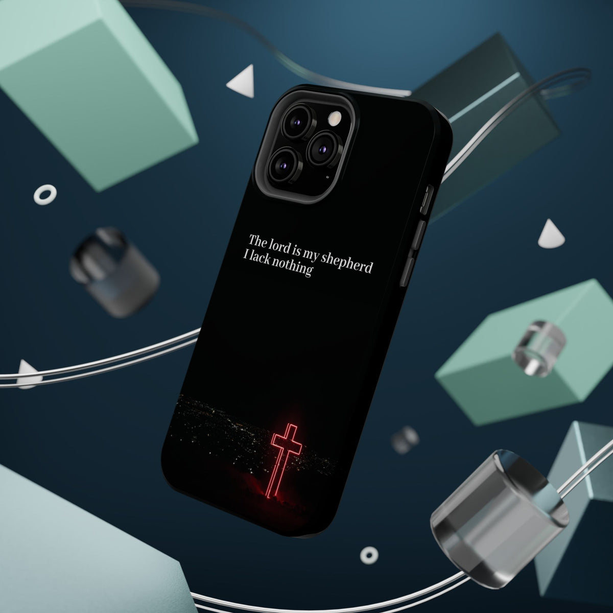 Christian Phone Case — “The Lord Is My Shepherd I Lack Nothing” Neon Cross Magnetic Impact Case